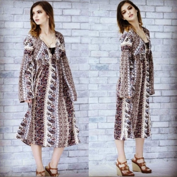 ❌DONATED❌Brown Paisley Stripe Floral Print Boho Midi Dress - Picture 3 of 9